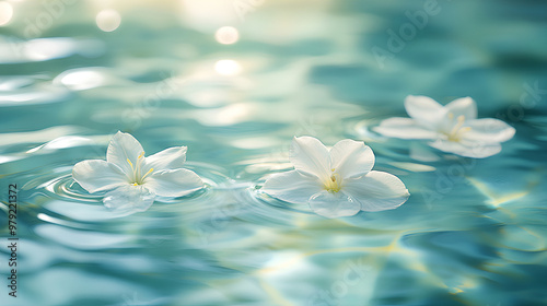 White flowers floating on calm blue water, serene nature background, delicate flower petals on water surface, tranquil floral scene, peaceful water reflection, soft light, minimalist aesthetic