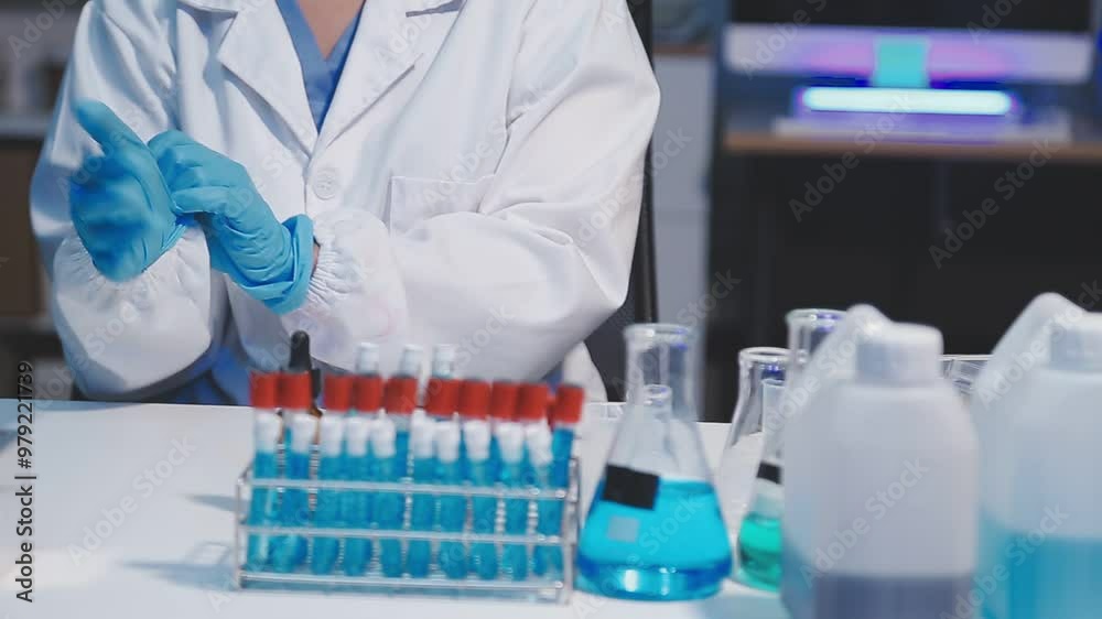Crop faceless person wearing blue gloves in hand against blurred background of hospital corridor Crop faceless person wearing blue gloves in hand against blurred background of hospital corridor