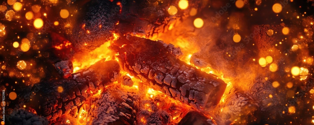 A vibrant close-up of burning logs, radiant embers, and glowing sparks, creating a warm and inviting atmosphere. A vibrant close-up of burning logs, radiant embers, and glowing sparks, creating a warm and inviting atmosphere.
