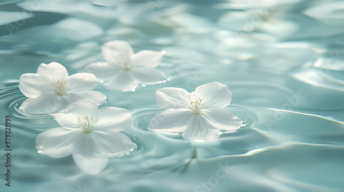 White flowers floating on calm blue water, serene nature background, delicate flower petals on water surface, tranquil floral scene, peaceful water reflection, soft light, minimalist aesthetic