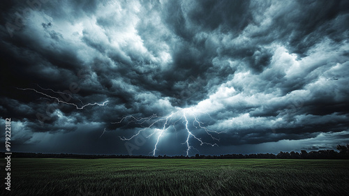 Intense Lightning Storm Over Green Field with Dark Cloudy Sky photo