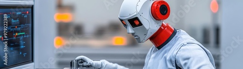 Robot performing a final quality inspection on a precision-machined part, robotic inspection, high-tech manufacturing QC photo