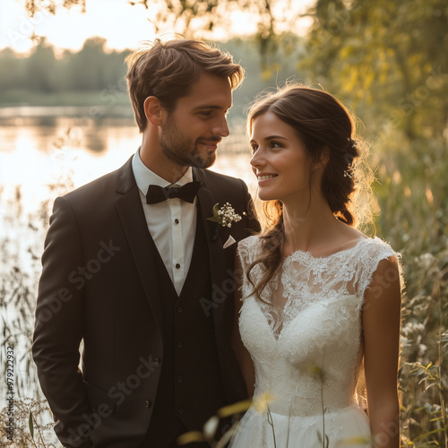 braut, hochzeit, ehepaar, stallknecht, liebe, frau, ehe, bekleidung, kuß, romantisch-, verheiratet, 2, fröhlichkeit, leute, blumenstrauss, schönheit, lächeln, anzug, lächelnd, day, frau, ehemann, fami photo