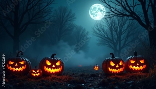  Eerie Halloween night with glowing jackolanterns and a full moon