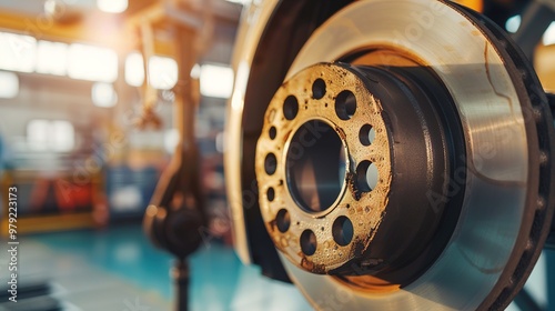 Close-up of a car brake disc showing signs of wear and rust, with a blurred background of a mechanic's workshop.Industrial,mechanical,maintenance,repair,service,brake failure accident,vehicle safety.