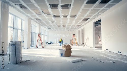 A spacious, empty office being renovated, with workers painting the walls and replacing ceiling panels, set for a complete transformation