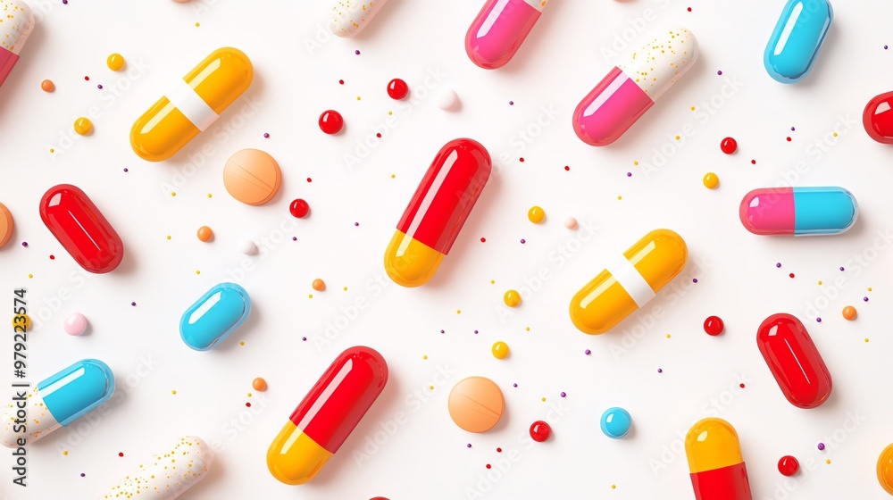 Colorful capsules and pills scattered on a white background. Colorful capsules and pills scattered on a white background.