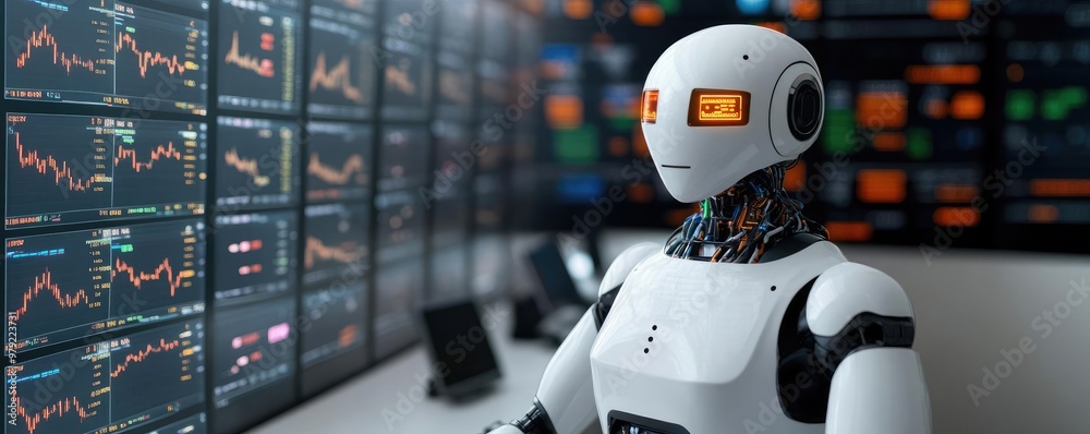 Robot sitting in a control room filled with screens displaying stock market volatility, market control, AI responding to financial shifts Robot sitting in a control room filled with screens displaying stock market volatility, market control, AI responding to financial shifts