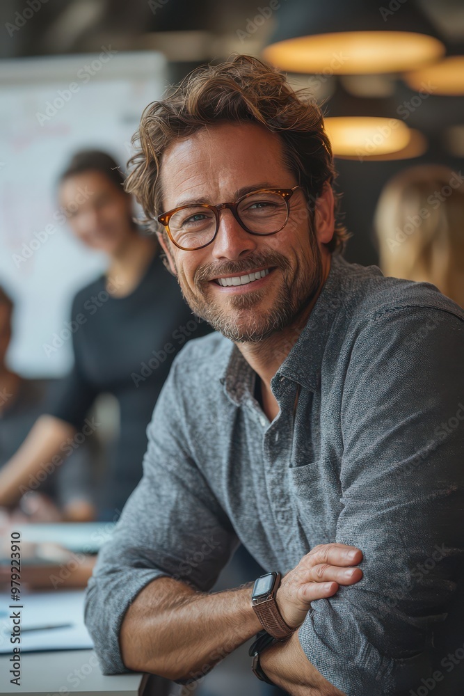 Obraz premium Smiling man with glasses sitting confidently in a modern office setting while engaging with colleagues