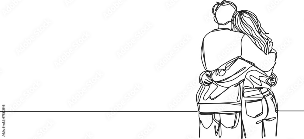 Fototapeta premium continuous single line drawing of couple hugging, rear view of man and woman, line art vector illustration