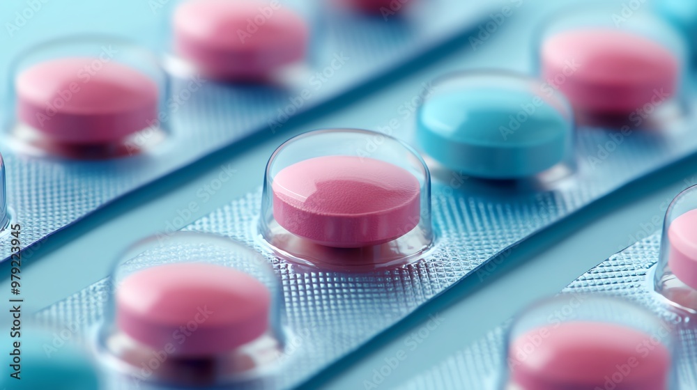 Close-up of four pink pills in a blister pack on a pink background. Close-up of four pink pills in a blister pack on a pink background.