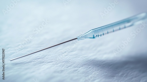 Close-up of a red liquid filled pipette tip on a shiny surface.