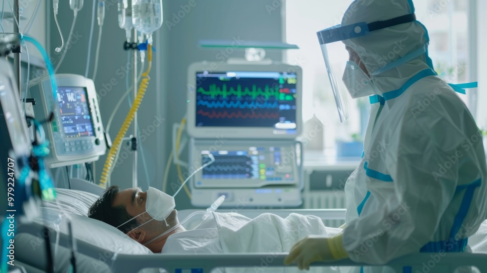 Hospital Room: A Doctor in Protective Gear Checks on a Patient Hospital Room: A Doctor in Protective Gear Checks on a Patient