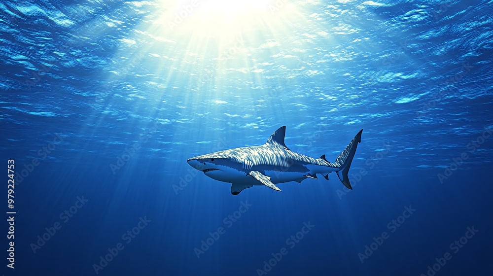 Fototapeta premium A great white shark swims through the deep blue ocean, sunlight filtering down from above.