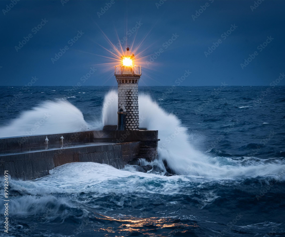 Naklejka premium Lighthouse su di un molo in liguria , di notte, con mare mosso