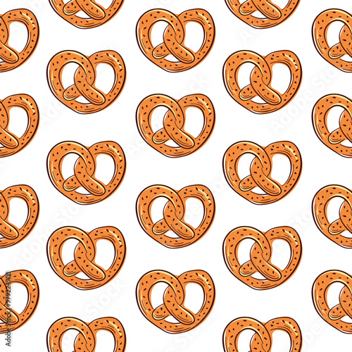 Seamless pattern with hand drawn pretzel on a white background. Design for food packaging, bakery or textile with baked goods.