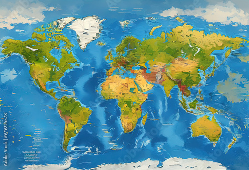 a simplified representation of a world map. Vector style, 3D rendering, World map bas-relief vector style