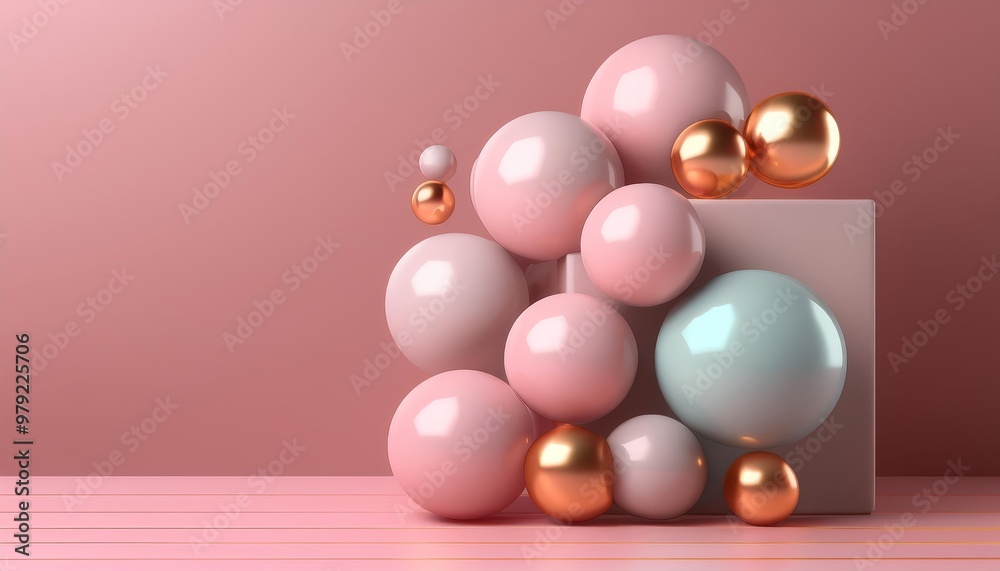 A collection of colorful spheres arranged atop a geometric base, featuring shades of pink, blue, and gold, set against a soft pink backdrop. A collection of colorful spheres arranged atop a geometric base, featuring shades of pink, blue, and gold, set against a soft pink backdrop.