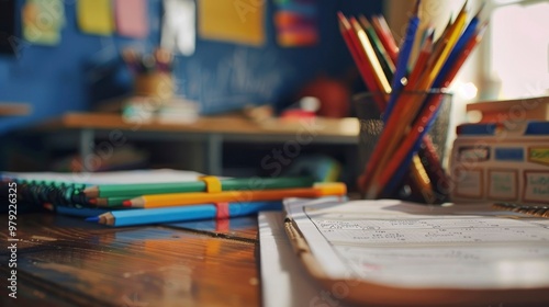 A close-up of a teachera??s desk with lesson plans and grading materials. photo