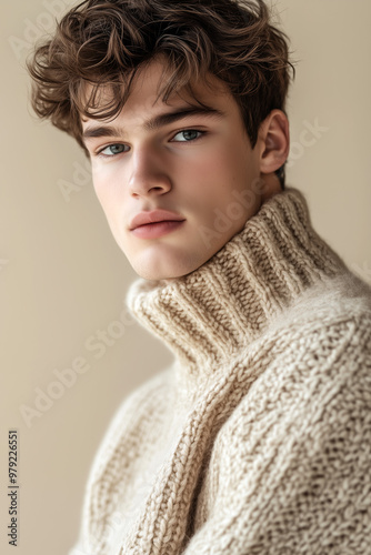 Man wearing a beige fall turtleneck sweater against a beige backbround. photo