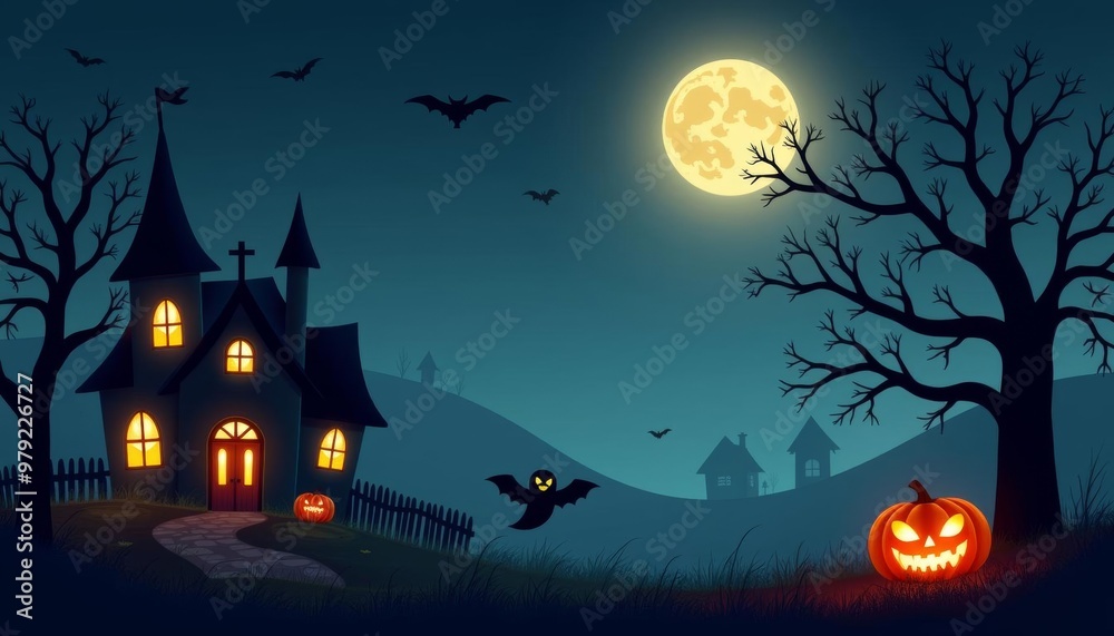 Enchanted Halloween night with glowing jackolanterns and bats in flight Enchanted Halloween night with glowing jackolanterns and bats in flight