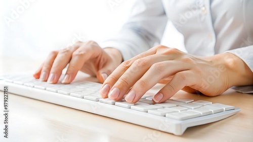 Close-up of hands typing on a keyboard, emphasizing productivity and modern technology in a bright workspace.