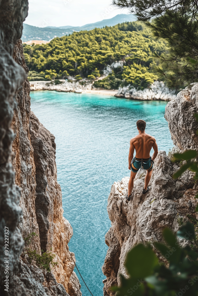 Man climbing a rock, bouldering at the coast Man climbing a rock, bouldering at the coast