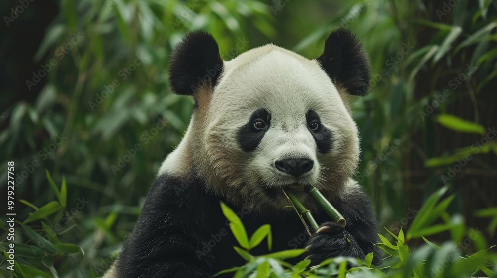Obraz premium Close-up of a panda eating bamboo in a lush forest