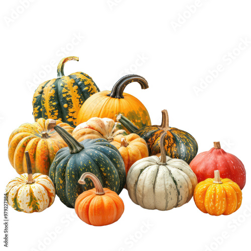 Variety of colorful pumpkins and gourds are forming a festive corner border on a white background