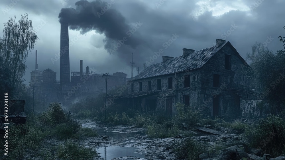 © 69 - A night scene of an old, abandoned factory and house, surrounded by smoke, pollution, and industrial chimneys under a gloomy sky © 69 - A night scene of an old, abandoned factory and house, surrounded by smoke, pollution, and industrial chimneys under a gloomy sky