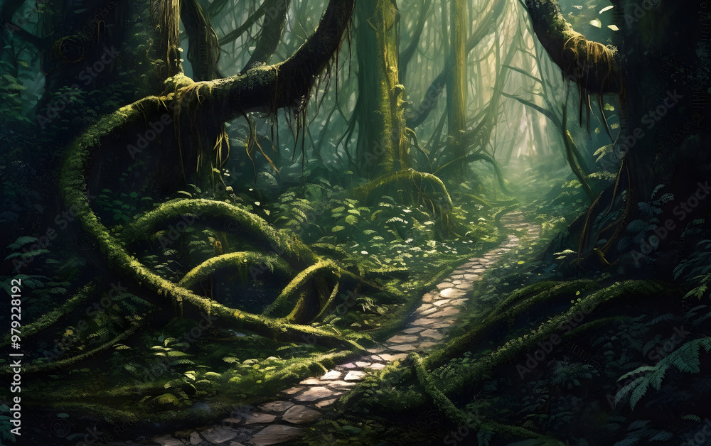 Fantasy dark forest with winding trail and ferns Fantasy dark forest with winding trail and ferns