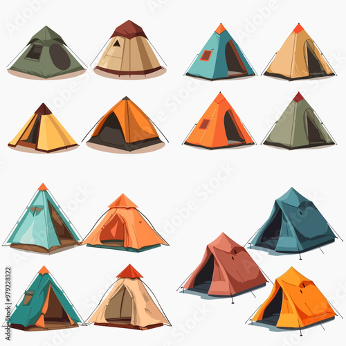 A collection of tents in various colors and sizes. The tents are arranged in a row, with some being taller than others