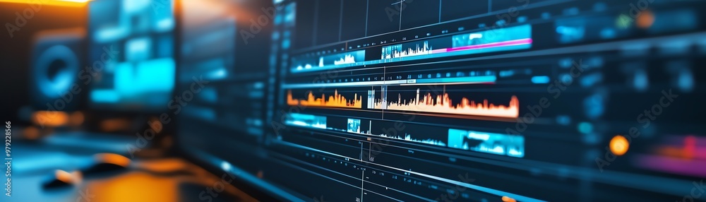 Close-up of a digital audio mixing console in a modern recording studio with vibrant LED displays and sound waveforms. Close-up of a digital audio mixing console in a modern recording studio with vibrant LED displays and sound waveforms.