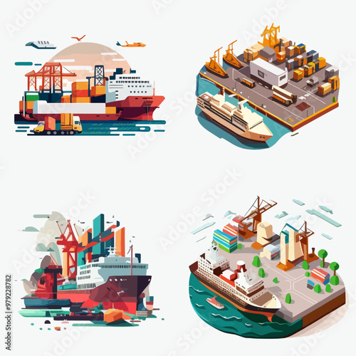 Four different pictures of ships and boats harbor