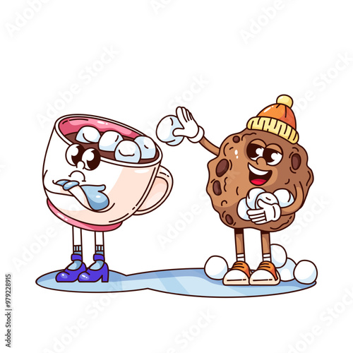 Groovy cartoon cookie character throwing marshmallows into cup of hot drink. Funny retro chocolate chip cookie playing snowballs. Winter games mascot, cartoon sticker of 70s 80s vector illustration