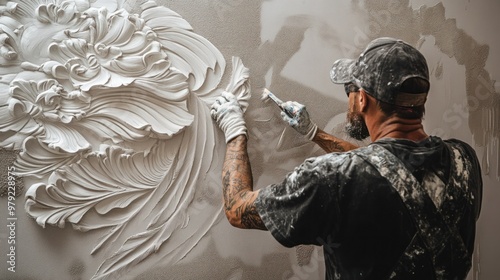 An artist renovating a feature wall with intricate patterns, using unique tools like stencils and specialty brushes to create a detailed, artistic design photo