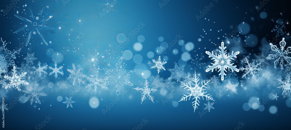 Snowflakes and shimmering light create a magical winter atmosphere in a deep blue backdrop Snowflakes and shimmering light create a magical winter atmosphere in a deep blue backdrop