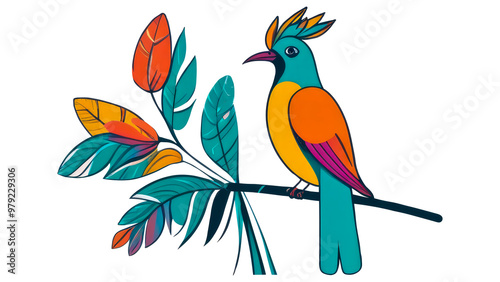 One bright tropical bird sitting on a branch. Illustration isolated on transparent background.