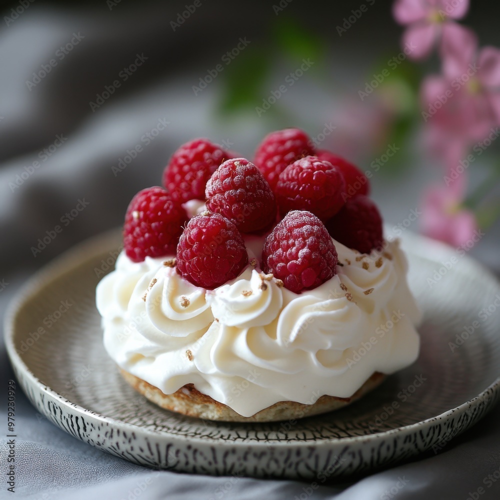 Round cake with white cream and raspberries on top, placed in the center of an elegant plate, in a close-up shot. The background is a soft, gray fabric, creating a simple yet sophisticated atmosphere. Round cake with white cream and raspberries on top, placed in the center of an elegant plate, in a close-up shot. The background is a soft, gray fabric, creating a simple yet sophisticated atmosphere.