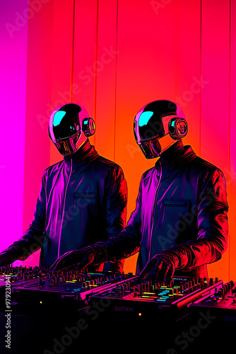A high-contrast, close-up illustration of Daft Punk in black leather jackets, performing electronic music in a DJ booth with vivid system interface lights.