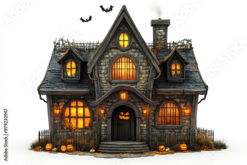 Old house with fireplace, lights in windows, surrounded by halloween pumpkins. Cottage on Halloween eve in spooky style, isolated on white background