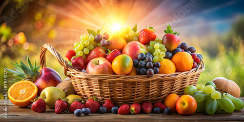 A beautifully arranged fruit basket with a variety of colorful fruits, backlit for a vibrant effect , fruit