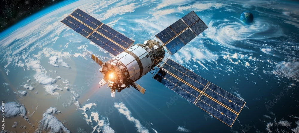 Satellite Orbiting Earth, panoramic view Visible In The Distance, Space Exploration Program Satellite Orbiting Earth, panoramic view Visible In The Distance, Space Exploration Program