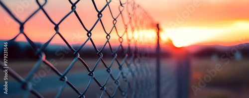 a chain linked fence that is next to the sunsets sky in the background and sun down,