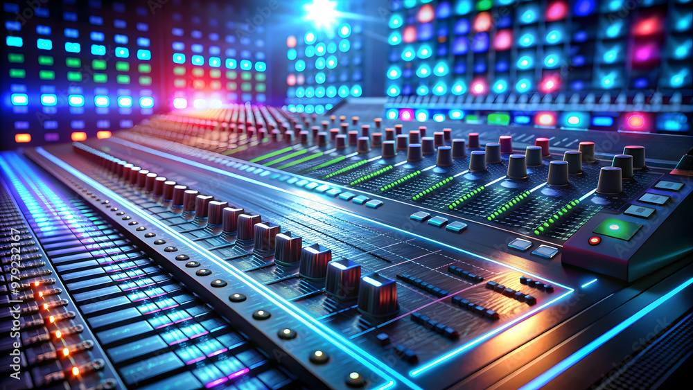 Futuristic digital soundboard with interactive elements and dynamic background music, generative AI Futuristic digital soundboard with interactive elements and dynamic background music, generative AI