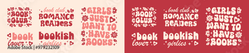 Book lovers club funny bookish girl romance readers girlies quotes sticker shirt design pack bundle set. Cute floral pink groovy retro vintage aesthetic lettering text printable gifts cut file.