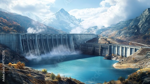 A massive hydroelectric dam in a mountainous region, generating clean power for a distant city