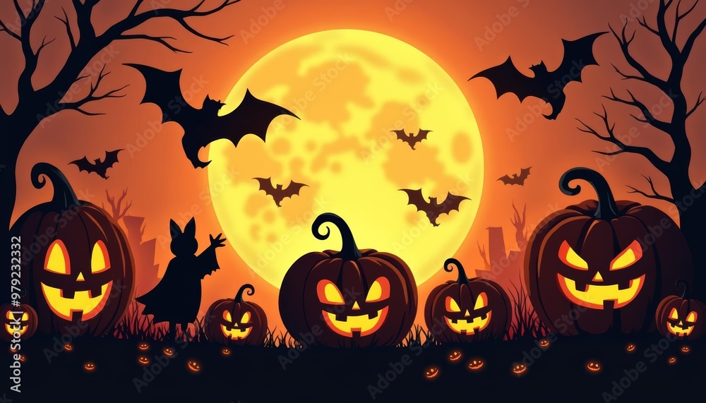 Spooky Halloween scene with jackolanterns and bats under a full moon Spooky Halloween scene with jackolanterns and bats under a full moon