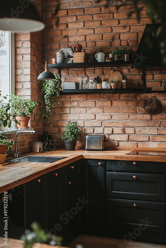 A cozy modern kitchen with exposed brick walls, dark cabinetry, and natural wood countertops photo