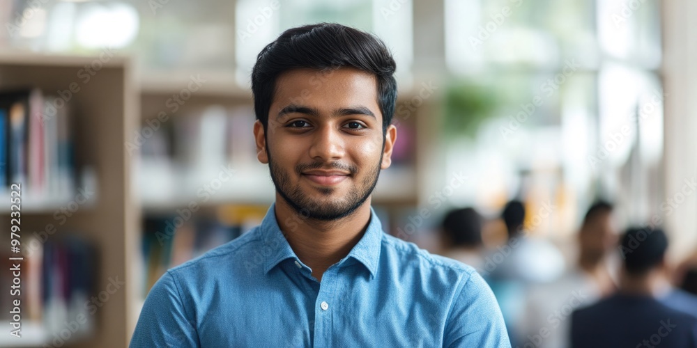 Fototapeta premium Young Man Smiling in Library